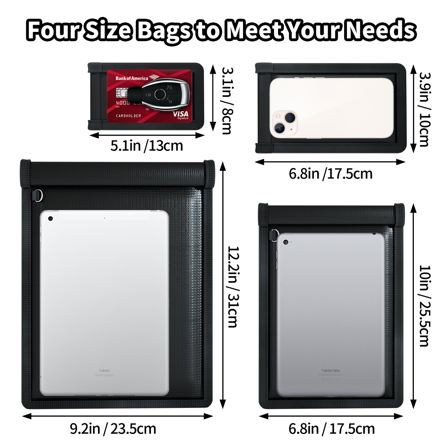 Faraday Bags 4 Pack,Faraday Pouch with Key Fob Protector, Fireproof Waterproof Faraday Bags EMP Proof Signal Blocker, Anti-Theft Faraday Bag for Car Key Fob, Phone, Credit Card, Tablet, Electronics